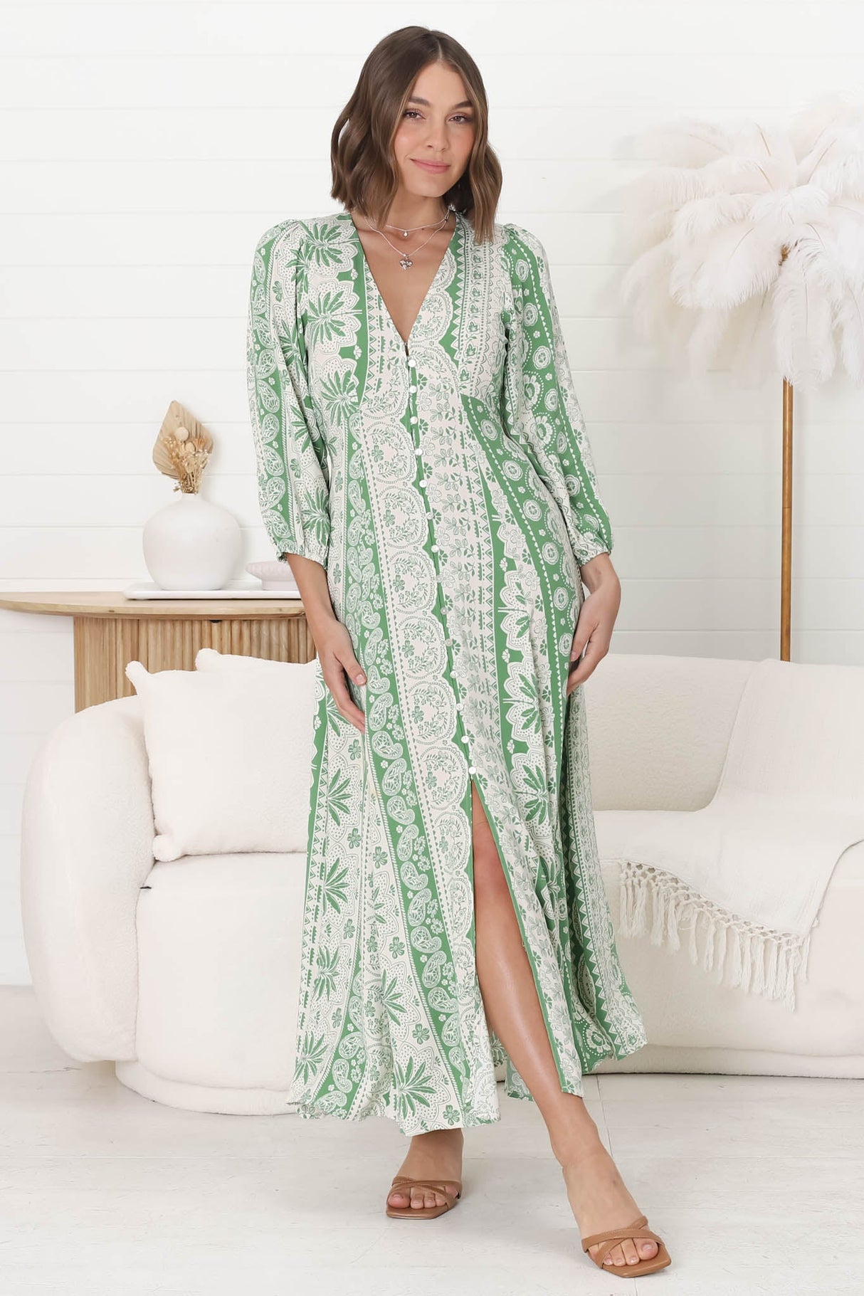 Monette Maxi Dress - Deep V Neck Button Down Dress with Balloon Sleeves in Adilla Print