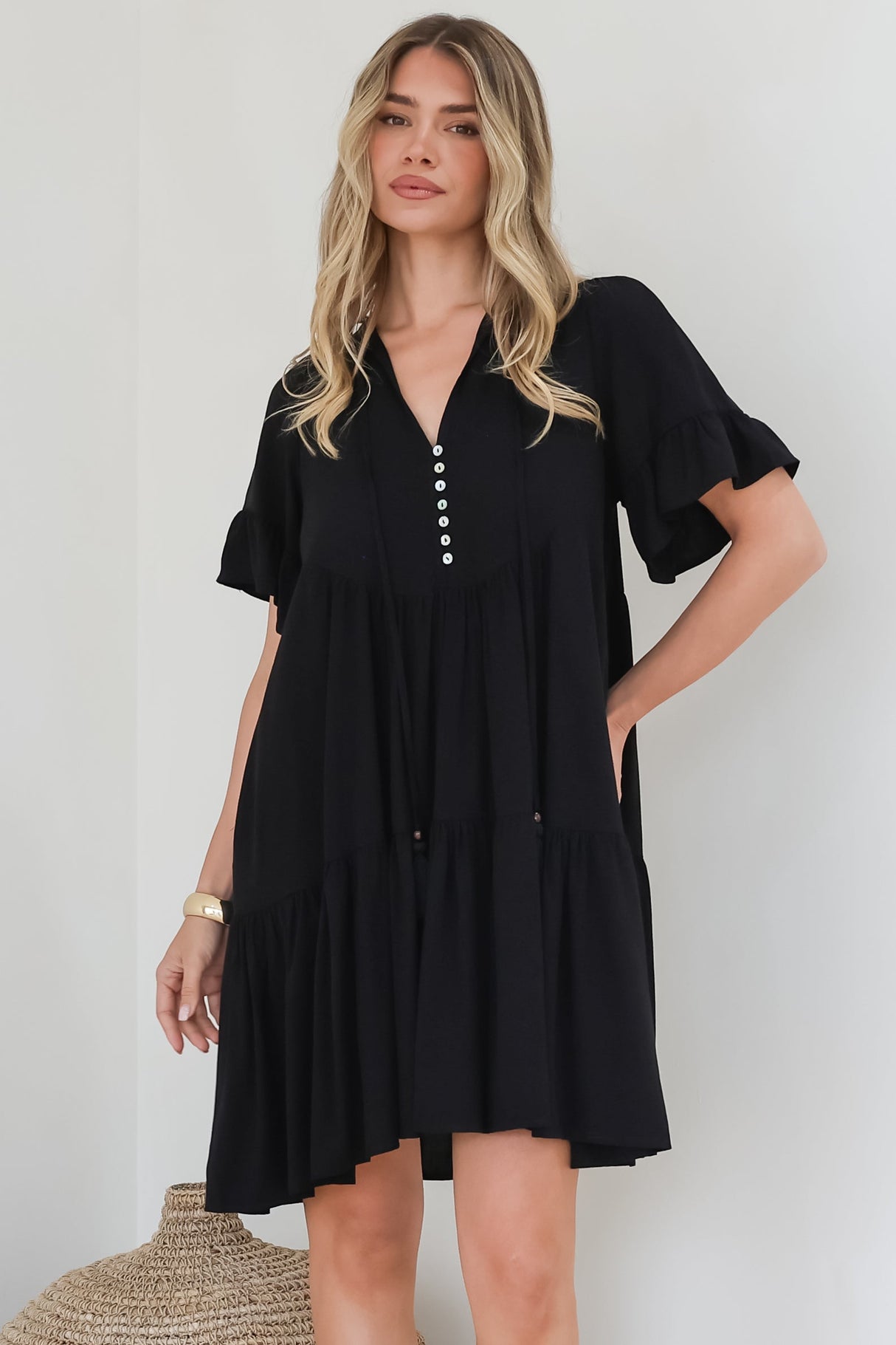 Monique Mini Dress - Mandarin Collar Smock Dress in Black