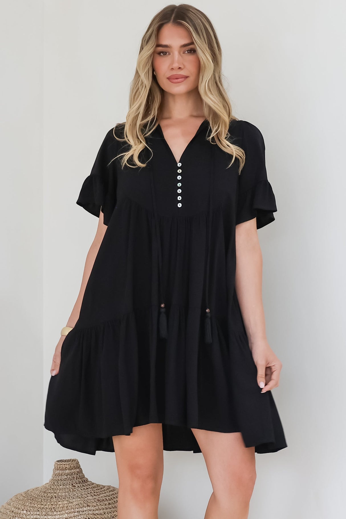 Monique Mini Dress - Mandarin Collar Smock Dress in Black