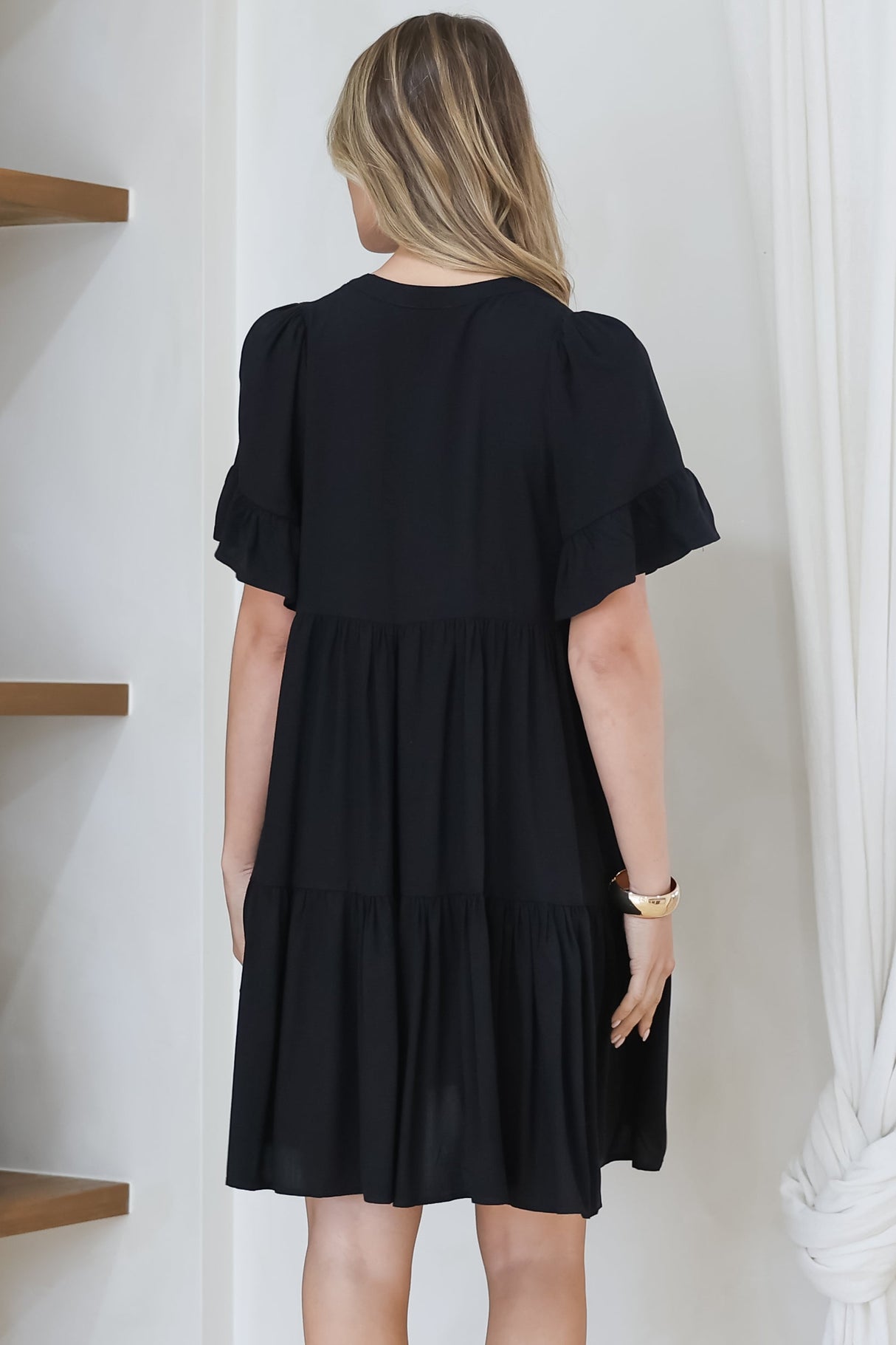 Monique Mini Dress - Mandarin Collar Smock Dress in Black