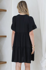 Monique Mini Dress - Mandarin Collar Smock Dress in Black