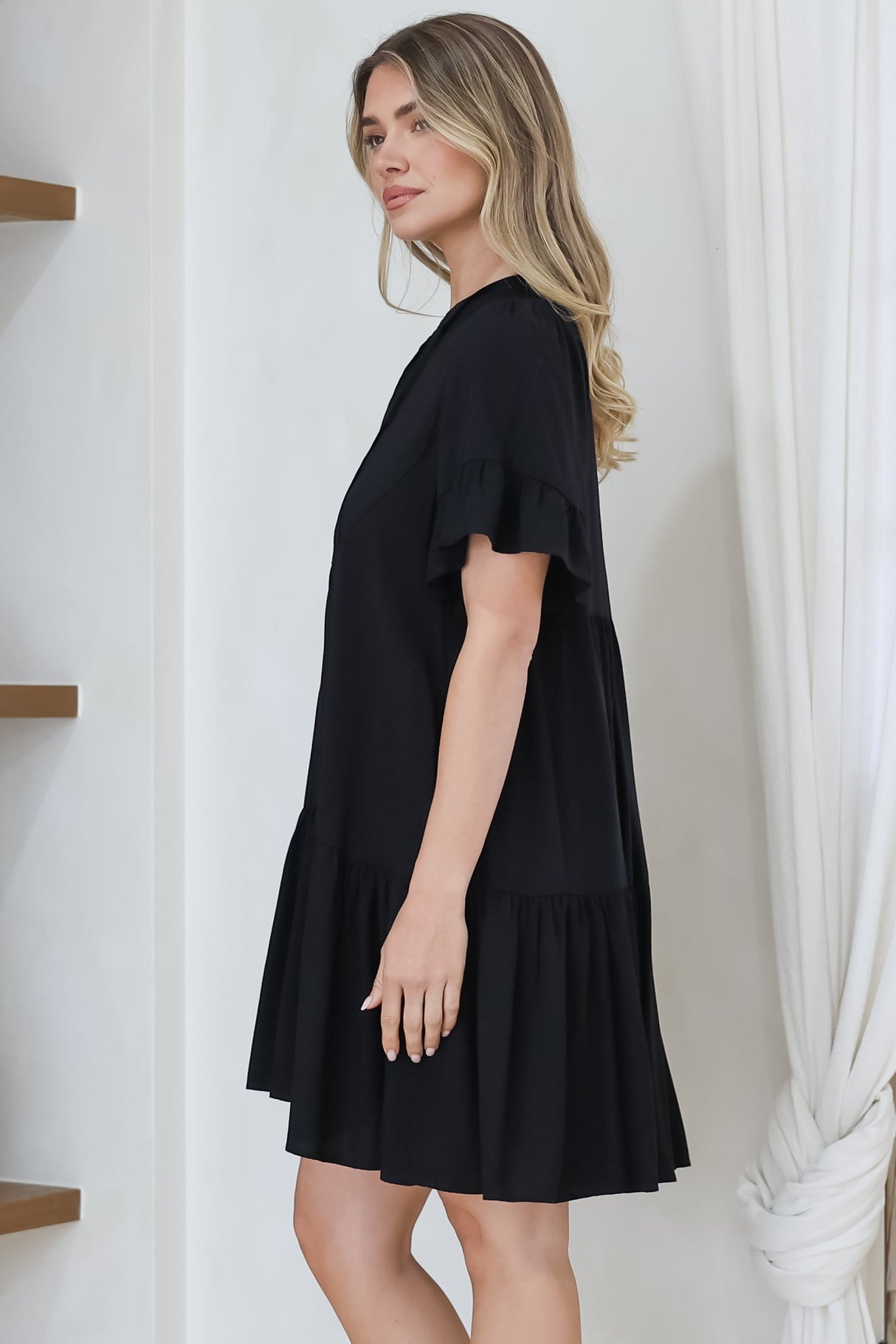Monique Mini Dress - Mandarin Collar Smock Dress in Black