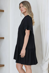 Monique Mini Dress - Mandarin Collar Smock Dress in Black