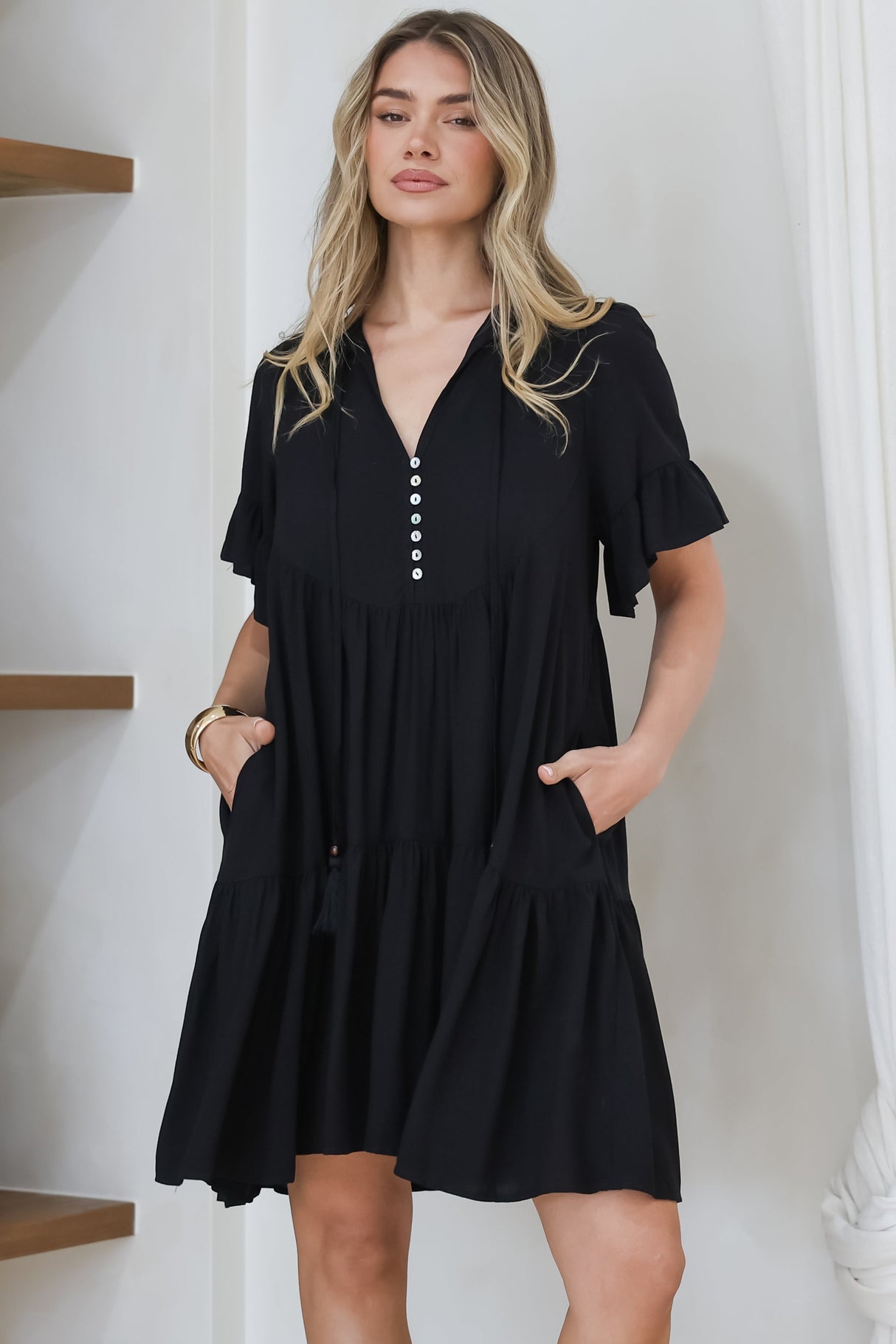 Monique Mini Dress - Mandarin Collar Smock Dress in Black