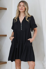 Monique Mini Dress - Mandarin Collar Smock Dress in Black