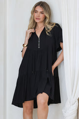 Monique Mini Dress - Mandarin Collar Smock Dress in Black