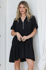 Monique Mini Dress - Mandarin Collar Smock Dress in Black