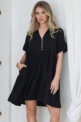 Monique Mini Dress - Mandarin Collar Smock Dress in Black