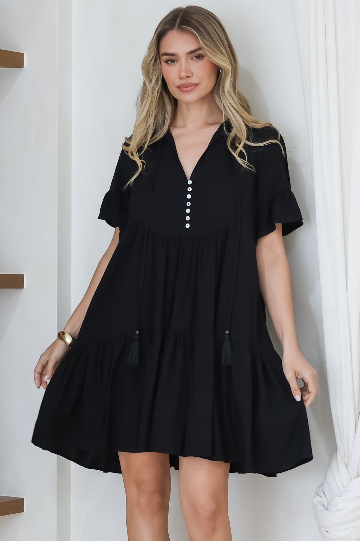 Monique Mini Dress - Mandarin Collar Smock Dress in Black