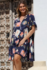 Monique Mini Dress - Mandarin Collar Smock Dress in Kalil Print Navy