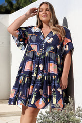 Monique Mini Dress - Mandarin Collar Smock Dress in Kalil Print Navy