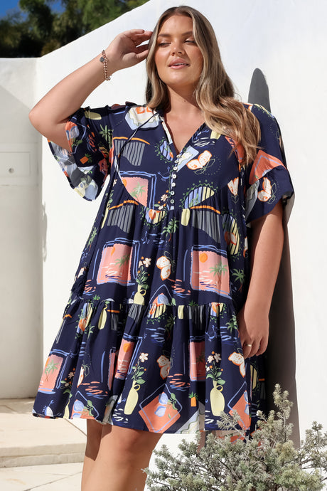 Monique Mini Dress - Mandarin Collar Smock Dress in Kalil Print Navy