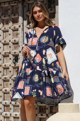Monique Mini Dress - Mandarin Collar Smock Dress in Kalil Print Navy