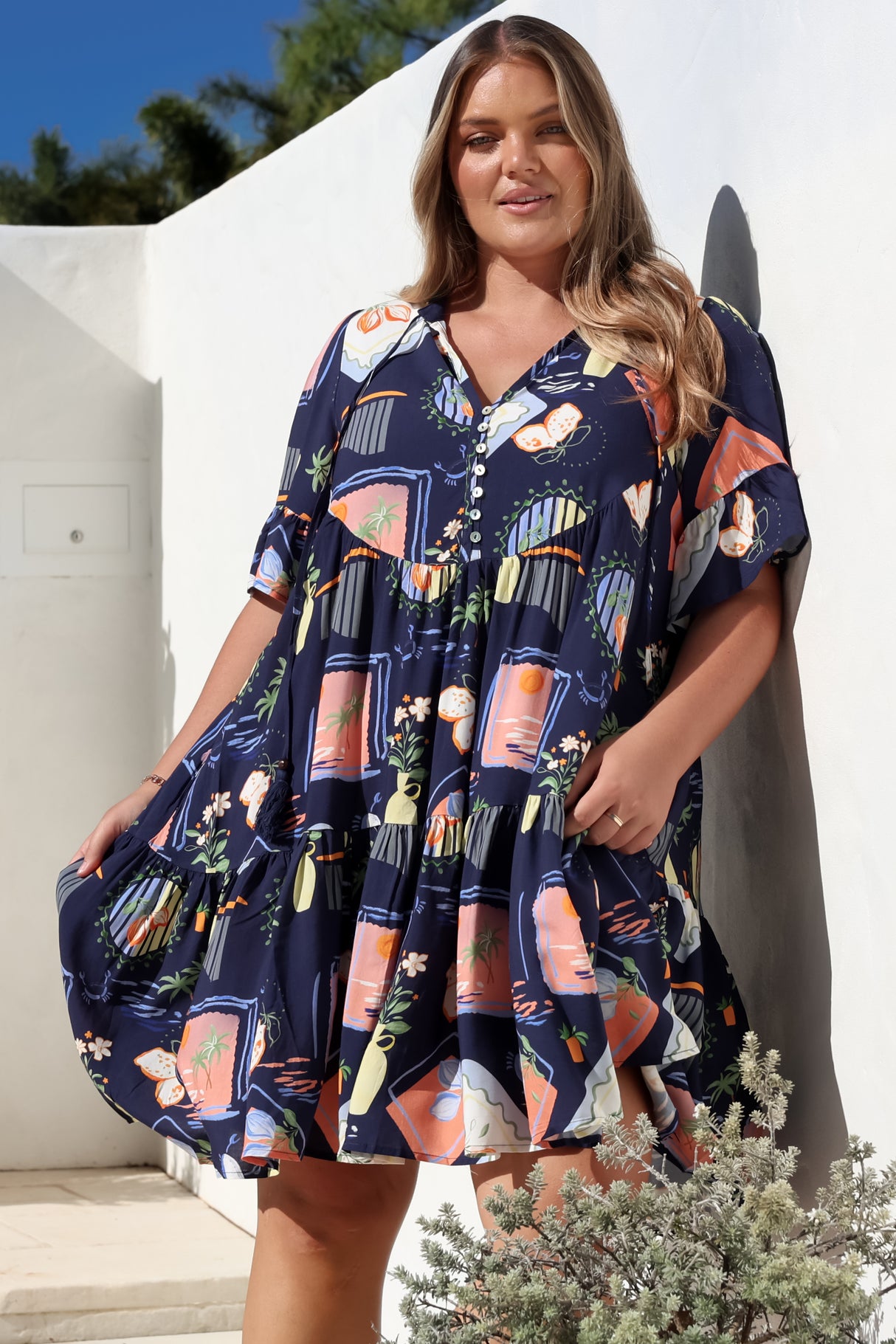 Monique Mini Dress - Mandarin Collar Smock Dress in Kalil Print Navy