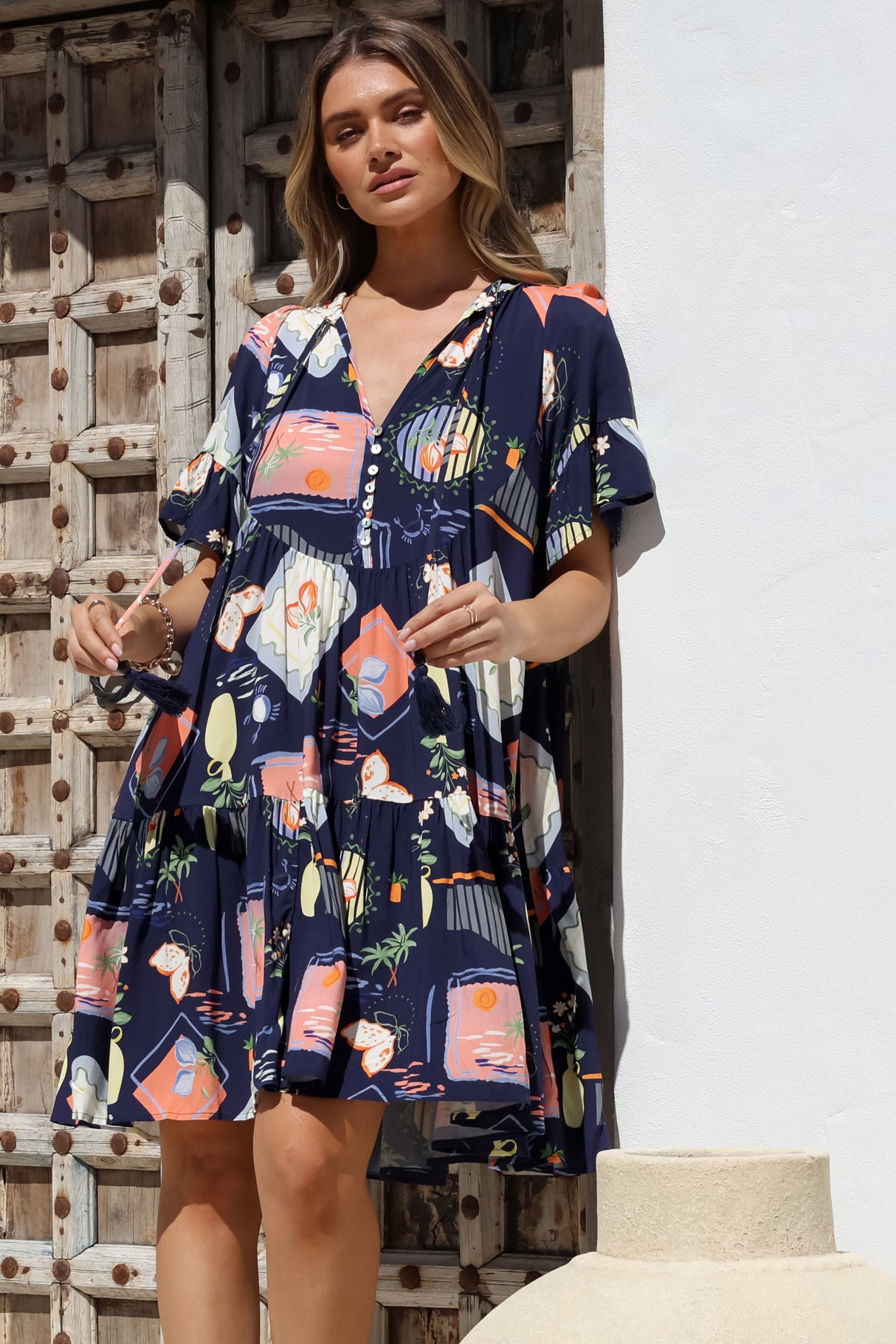 Monique Mini Dress - Mandarin Collar Smock Dress in Kalil Print Navy