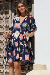 Monique Mini Dress - Mandarin Collar Smock Dress in Kalil Print Navy