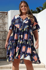 Monique Mini Dress - Mandarin Collar Smock Dress in Kalil Print Navy