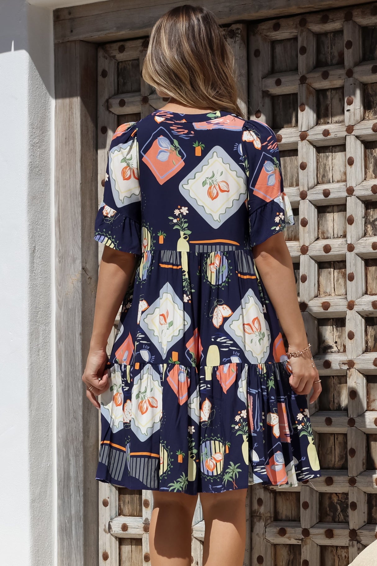 Monique Mini Dress - Mandarin Collar Smock Dress in Kalil Print Navy