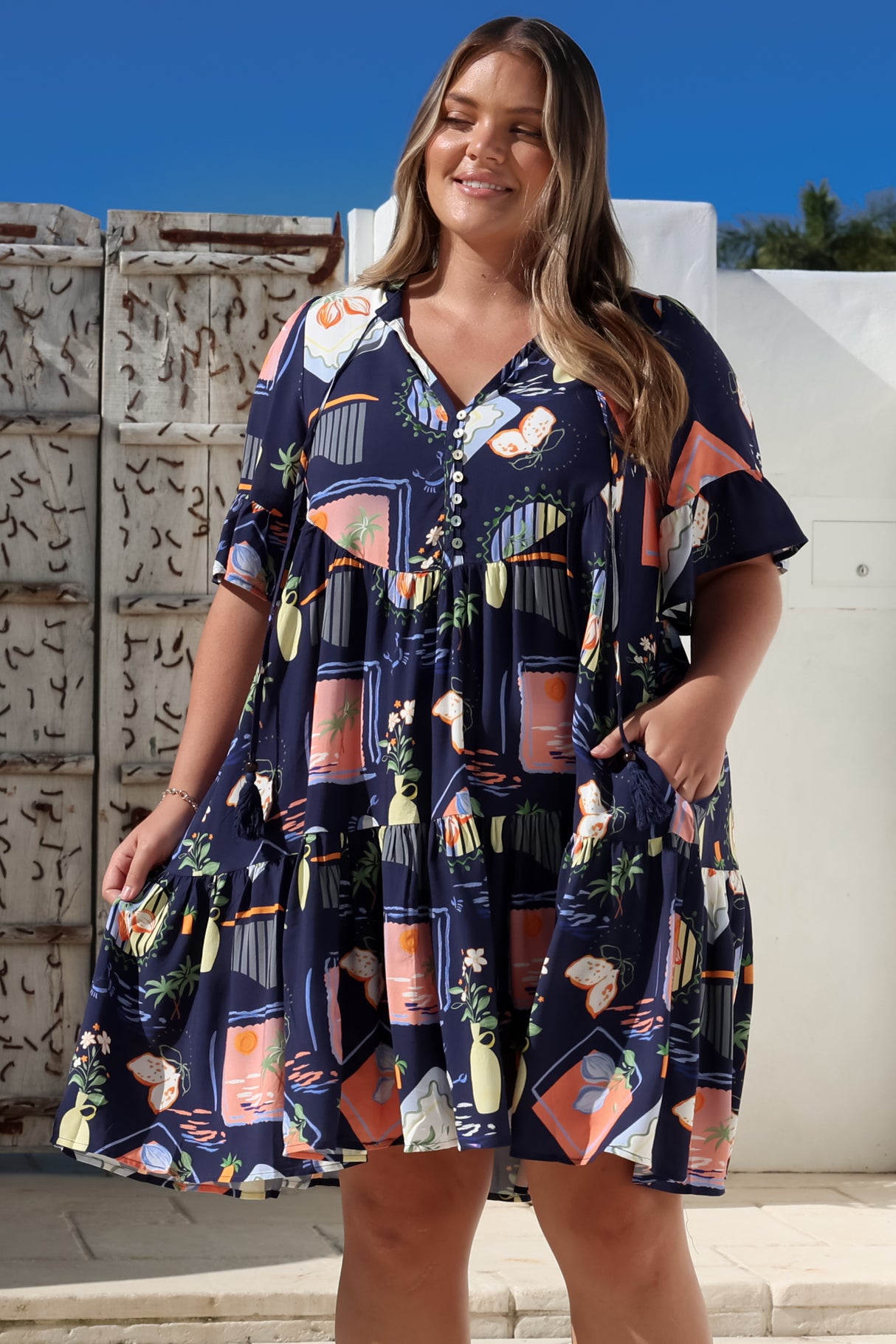 Monique Mini Dress - Mandarin Collar Smock Dress in Kalil Print Navy