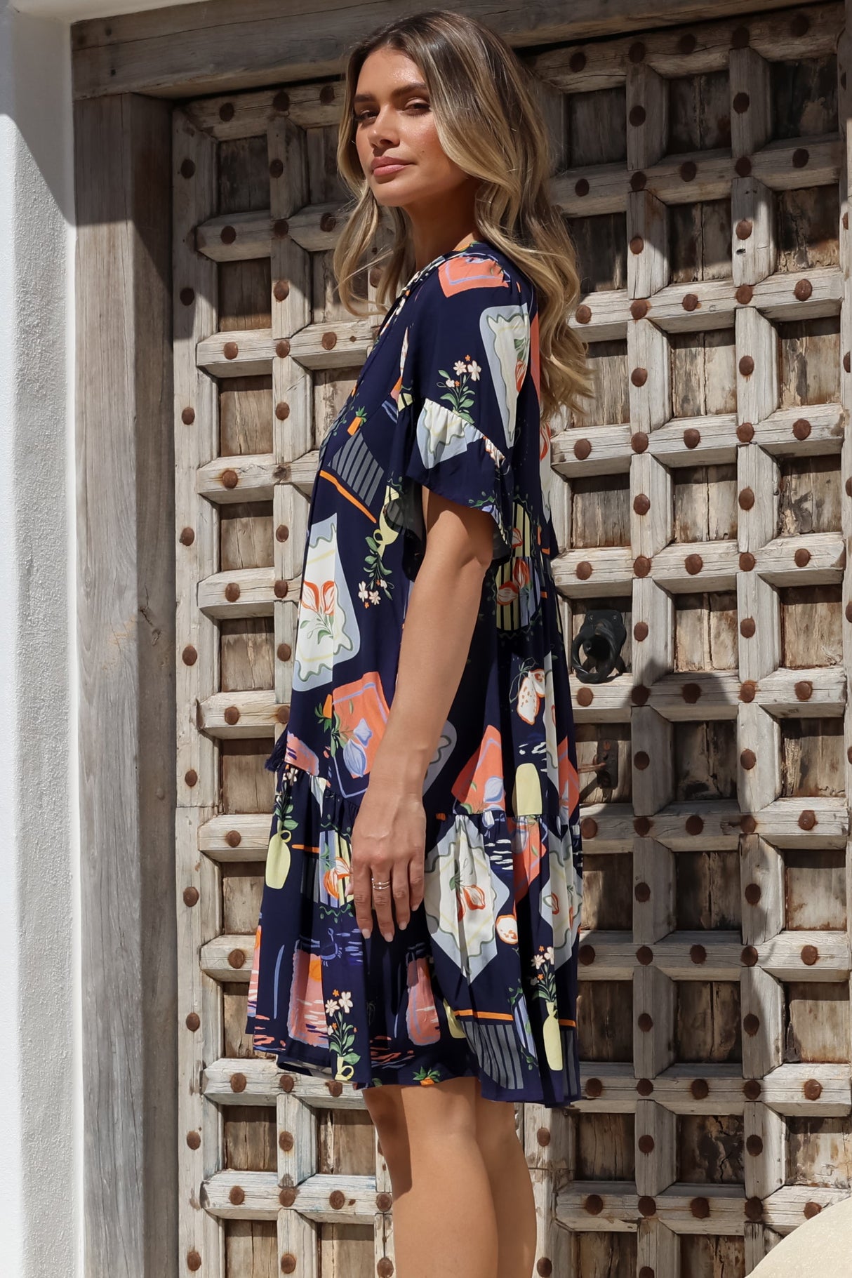 Monique Mini Dress - Mandarin Collar Smock Dress in Kalil Print Navy