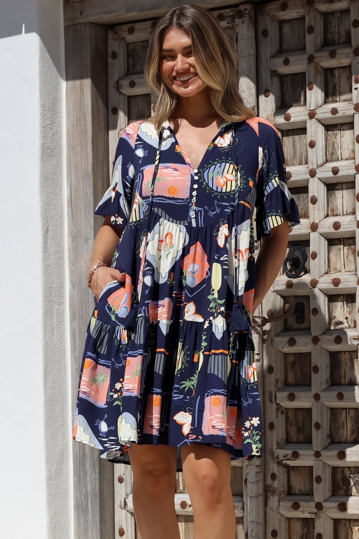 Monique Mini Dress - Mandarin Collar Smock Dress in Kalil Print Navy