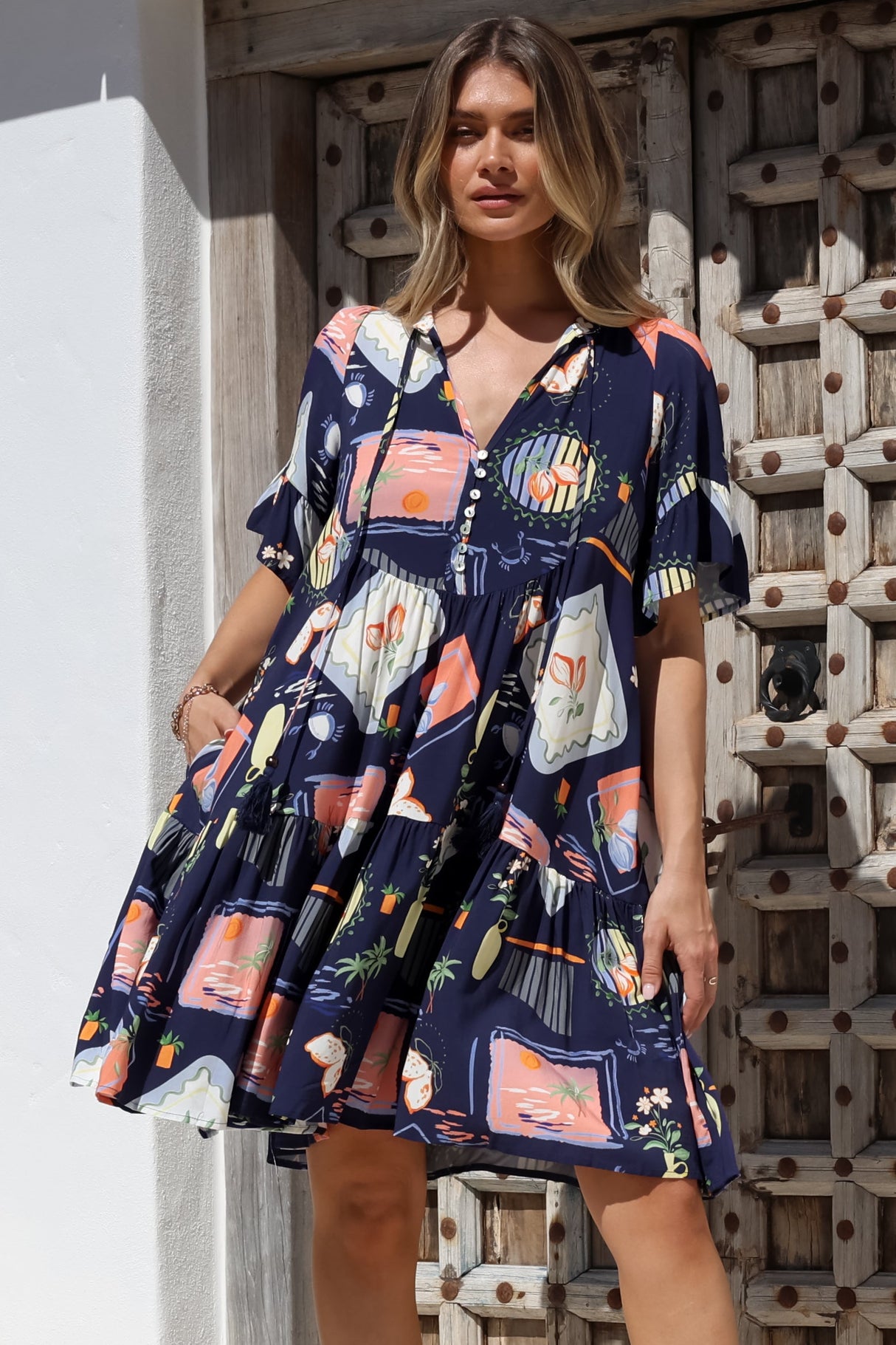 Monique Mini Dress - Mandarin Collar Smock Dress in Kalil Print Navy