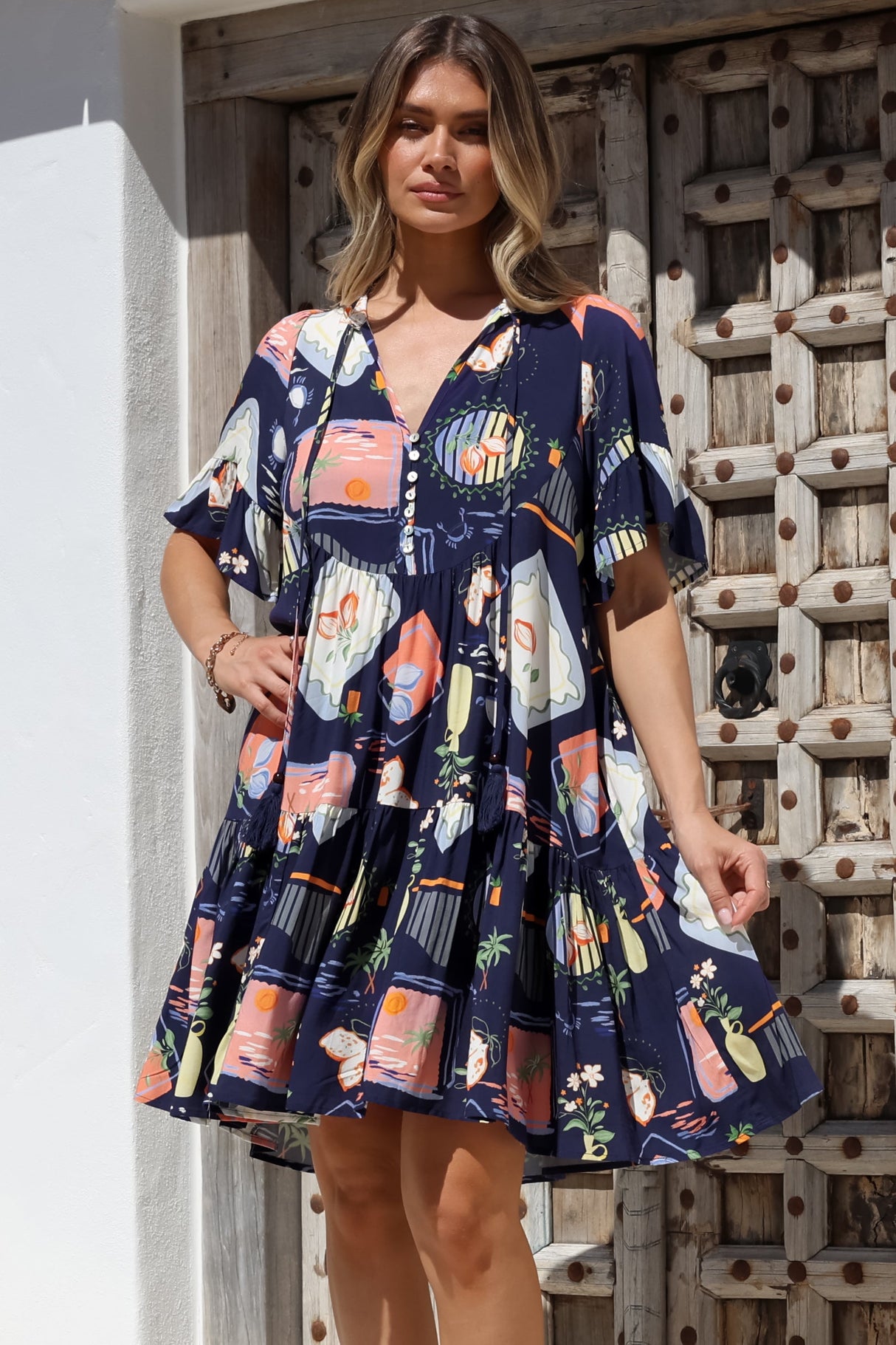 Monique Mini Dress - Mandarin Collar Smock Dress in Kalil Print Navy