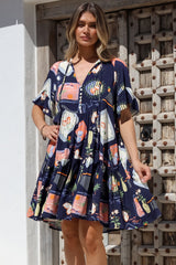 Monique Mini Dress - Mandarin Collar Smock Dress in Kalil Print Navy