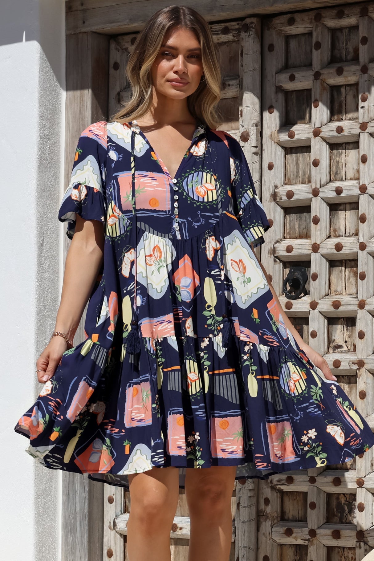 Monique Mini Dress - Mandarin Collar Smock Dress in Kalil Print Navy