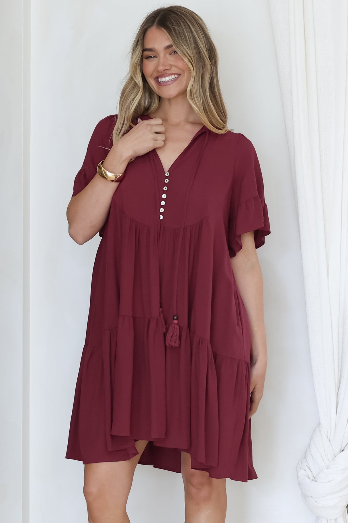 Monique Mini Dress - Mandarin Collar Smock Dress in Wine