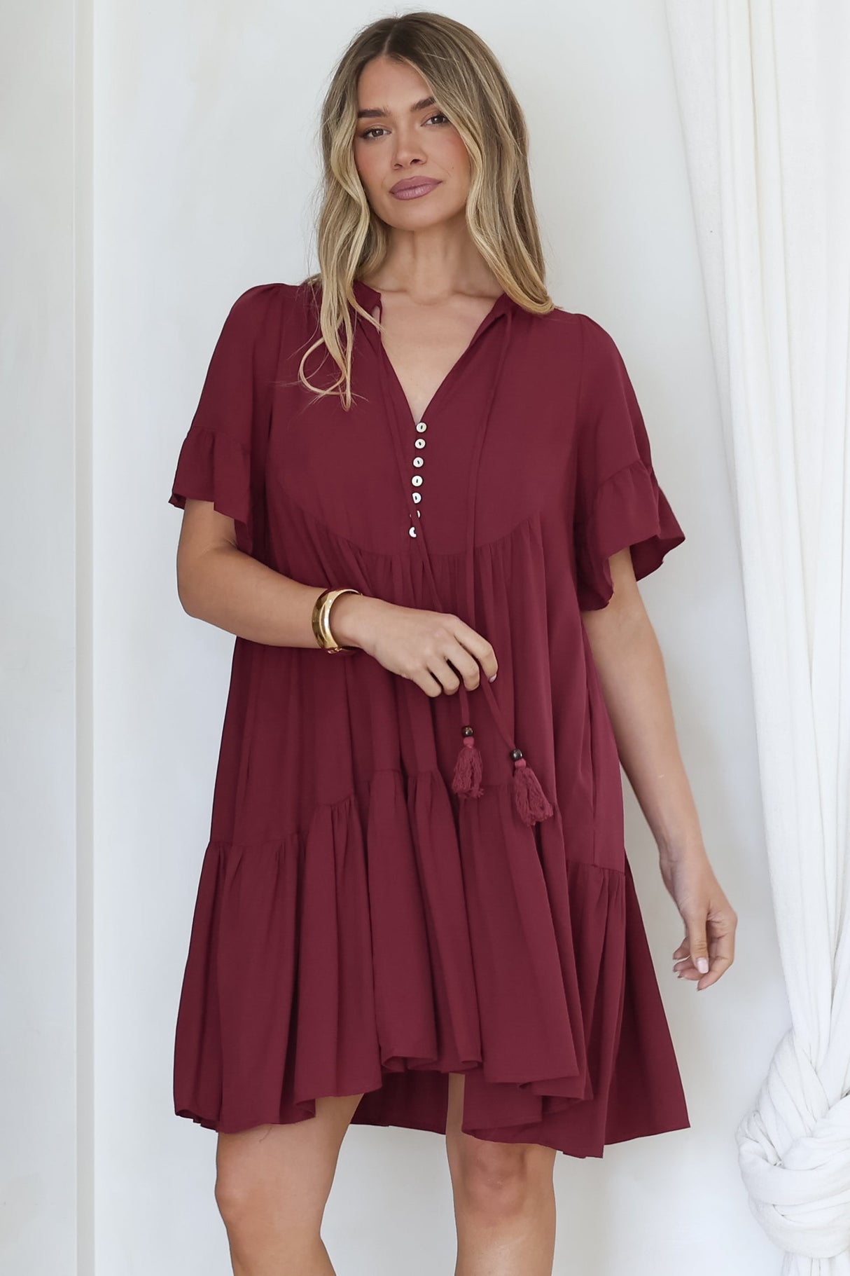 Monique Mini Dress - Mandarin Collar Smock Dress in Wine