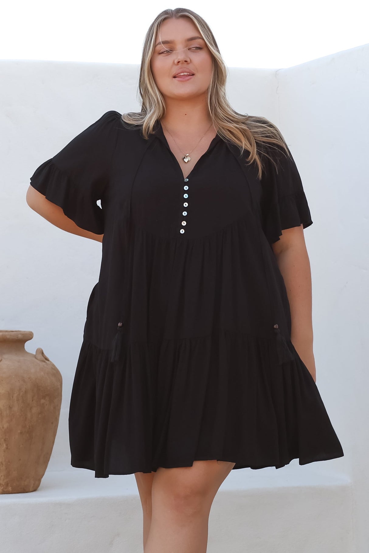 Monique Mini Dress - Mandarin Collar Smock Dress in Black