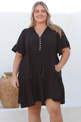Monique Mini Dress - Mandarin Collar Smock Dress in Black