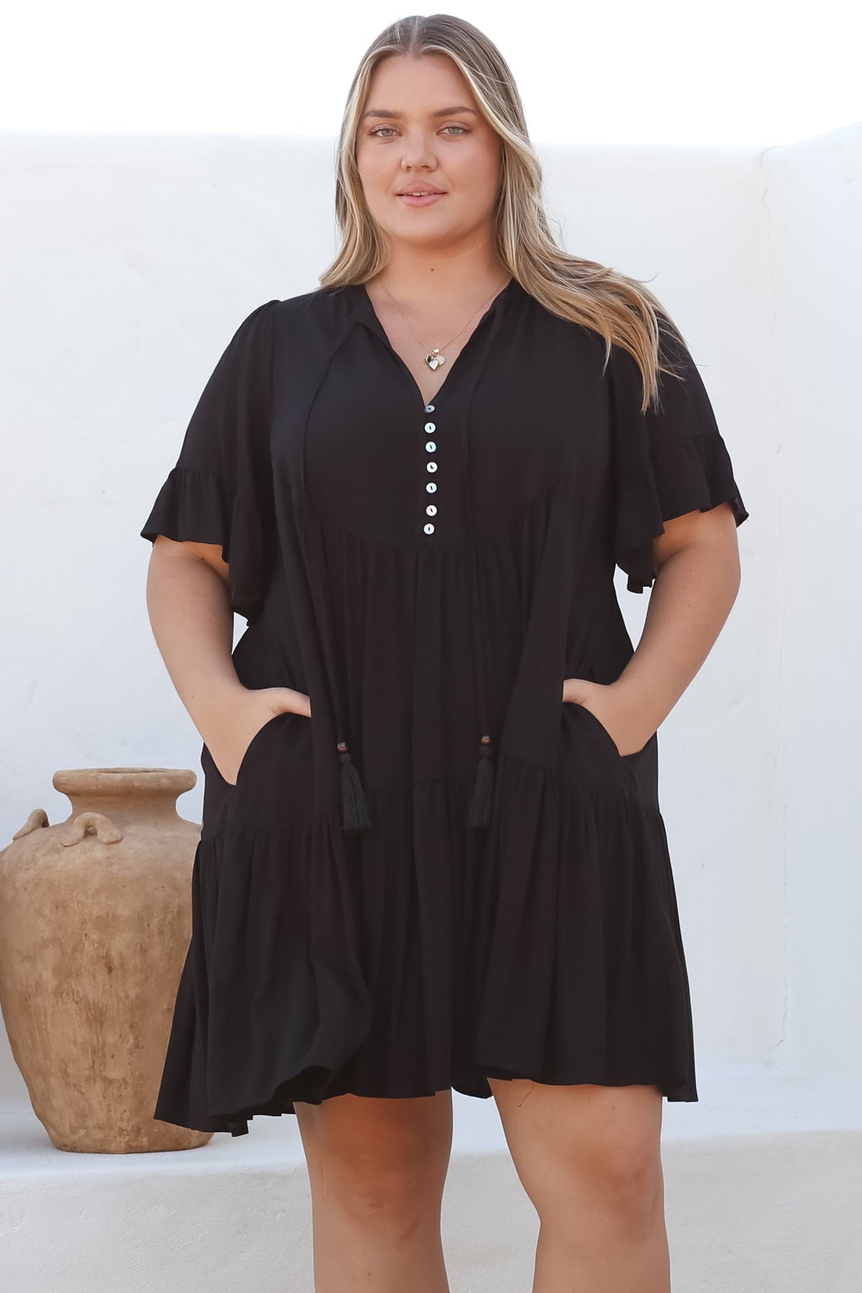 Monique Mini Dress - Mandarin Collar Smock Dress in Black