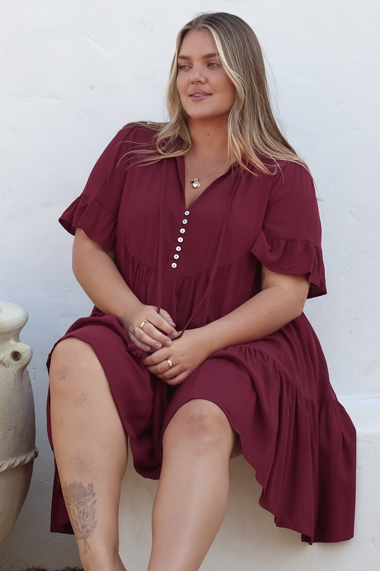 Monique Mini Dress - Mandarin Collar Smock Dress in Wine