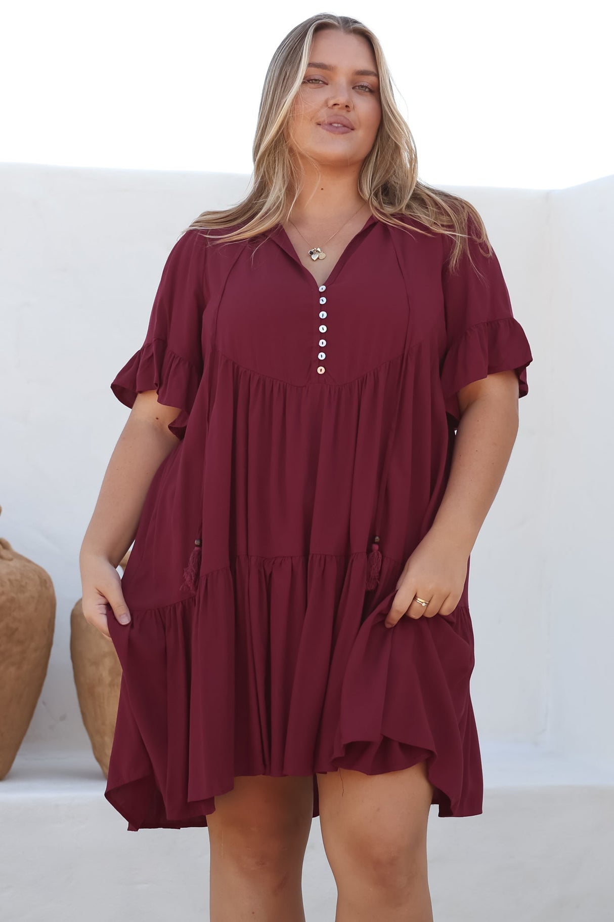 Monique Mini Dress - Mandarin Collar Smock Dress in Wine