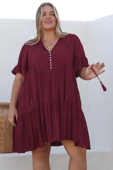 Monique Mini Dress - Mandarin Collar Smock Dress in Wine