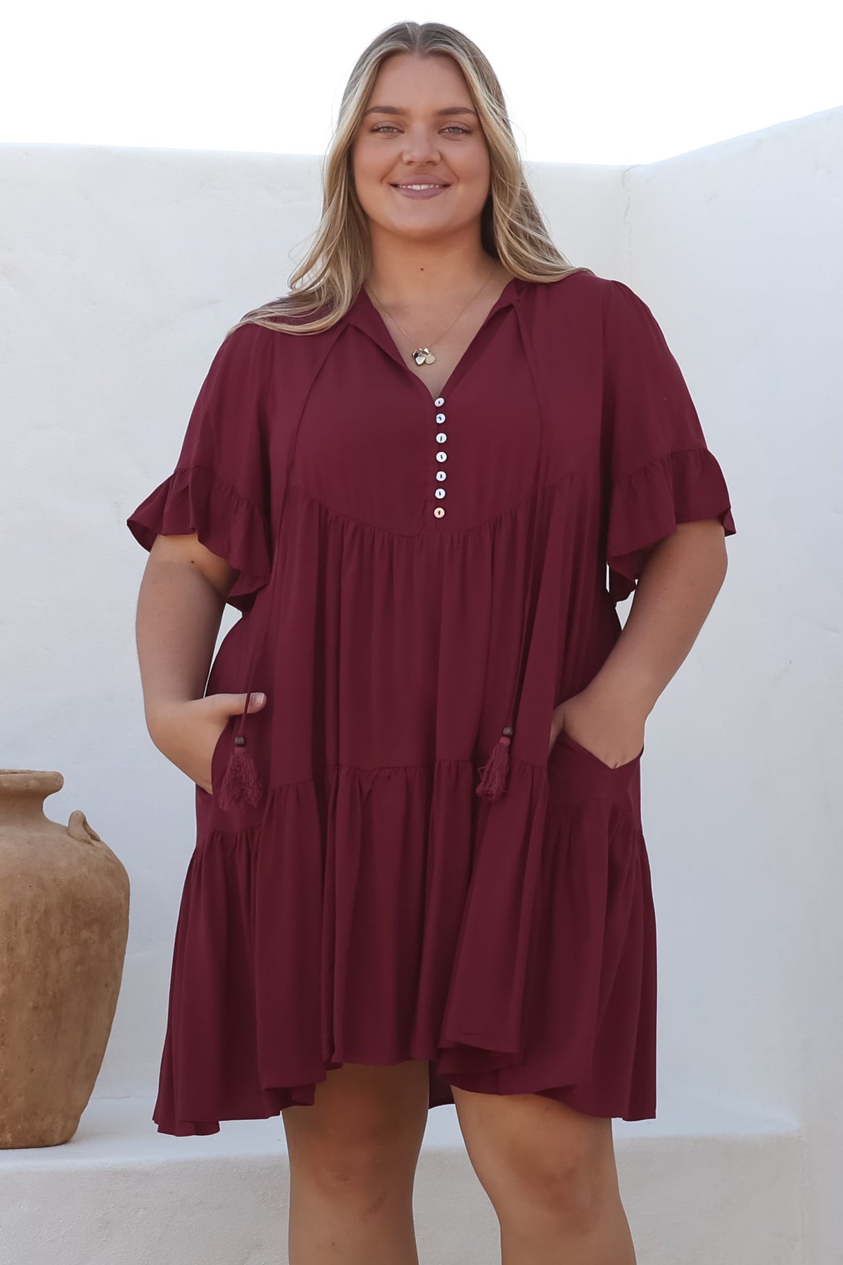 Monique Mini Dress - Mandarin Collar Smock Dress in Wine