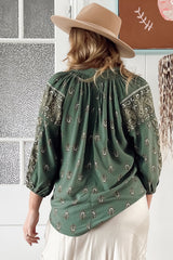 JAASE - Montie Blouse: Mandarin Collar Lace Trim Detailed Top in Viridian Print