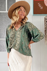 JAASE - Montie Blouse: Mandarin Collar Lace Trim Detailed Top in Viridian Print