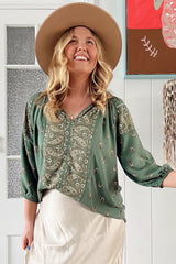 JAASE - Montie Blouse: Mandarin Collar Lace Trim Detailed Top in Viridian Print