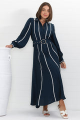 Monty Maxi Dress - Contrast Detailing Button Down Dress with Belt in Navy