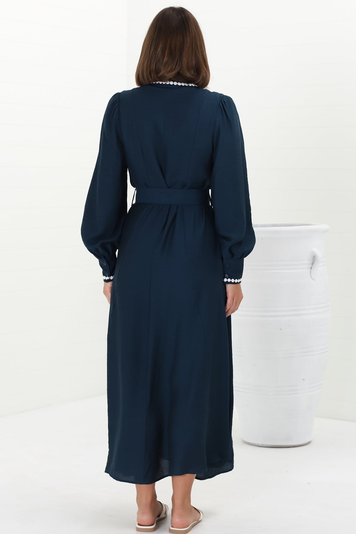 Monty Maxi Dress - Contrast Detailing Button Down Dress with Belt in Navy