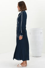 Monty Maxi Dress - Contrast Detailing Button Down Dress with Belt in Navy