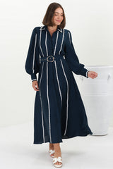 Monty Maxi Dress - Contrast Detailing Button Down Dress with Belt in Navy