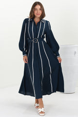 Monty Maxi Dress - Contrast Detailing Button Down Dress with Belt in Navy