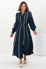 Monty Maxi Dress - Contrast Detailing Button Down Dress with Belt in Navy