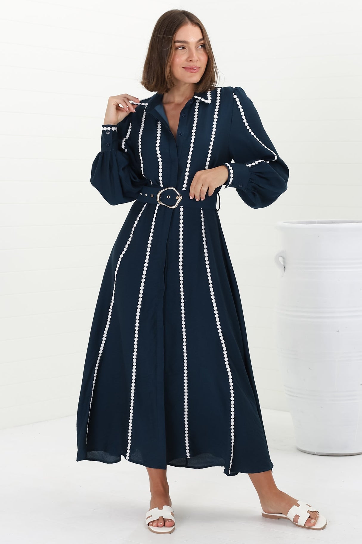 Monty Maxi Dress - Contrast Detailing Button Down Dress with Belt in Navy