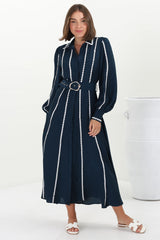 Monty Maxi Dress - Contrast Detailing Button Down Dress with Belt in Navy