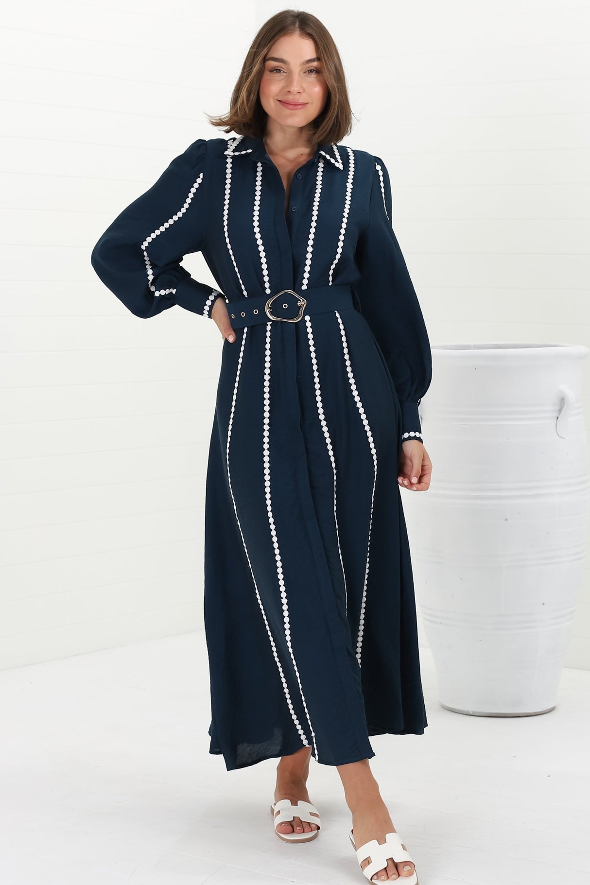 Monty Maxi Dress - Contrast Detailing Button Down Dress with Belt in Navy